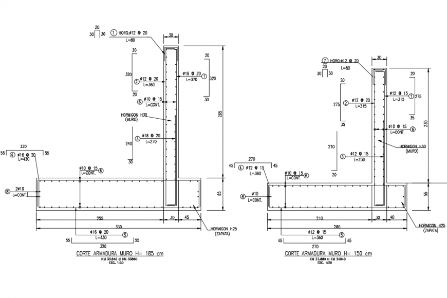 Several constructive details with retaining wall dwg file