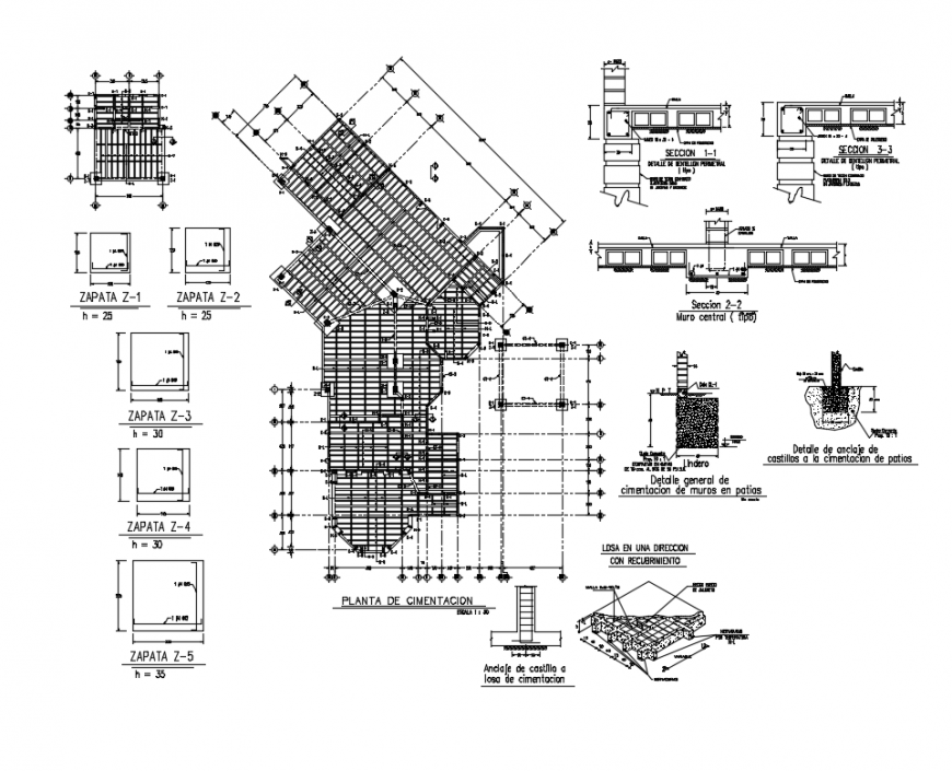 Several constructive structural details of house building with foundation plan dwg file