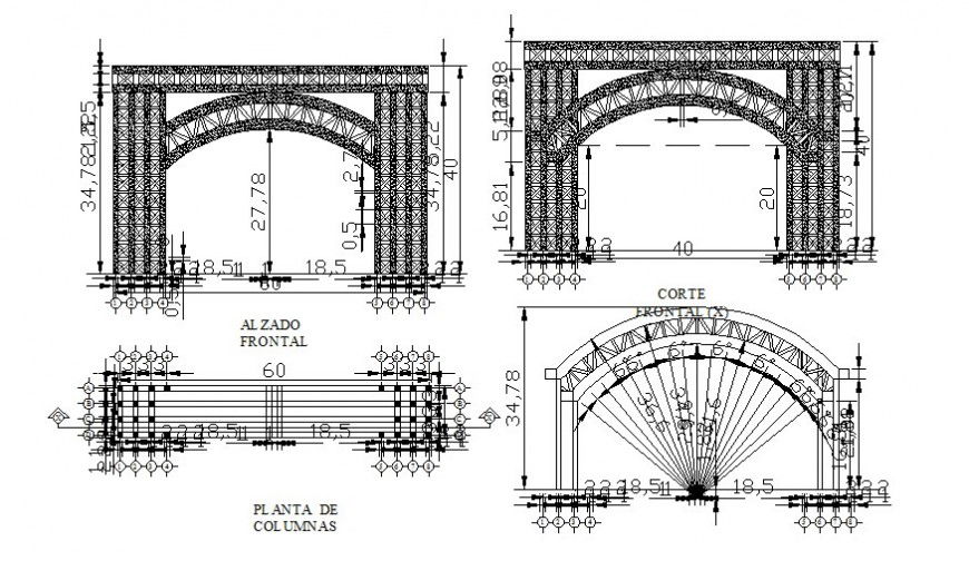 Shade truss details plan and elevation in autocad