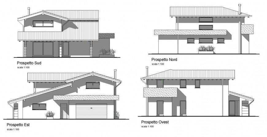 Shadow elevation of bungalow drawing in dwg AutoCAD file.