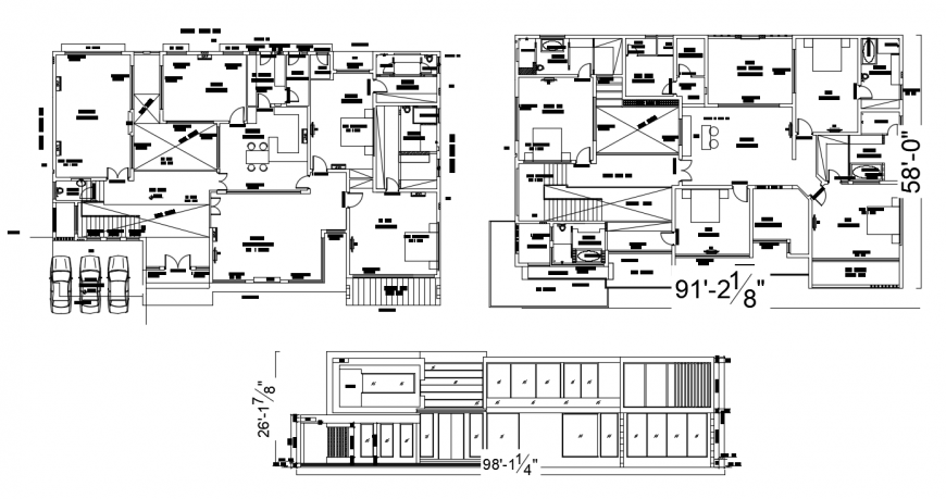 Shan house main elevation and two floor plan distribution details dwg file
