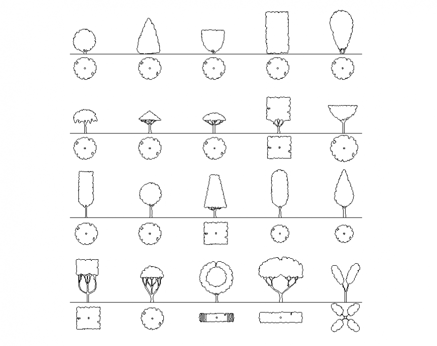 Shapes of crowns ornamental trees and plants cad block details dwg file