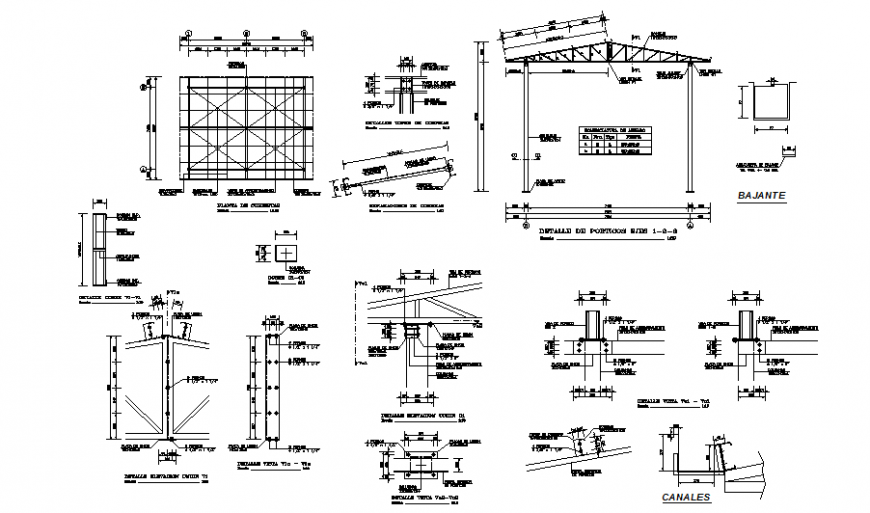 Shed steel structure roof and constructive details dwg file