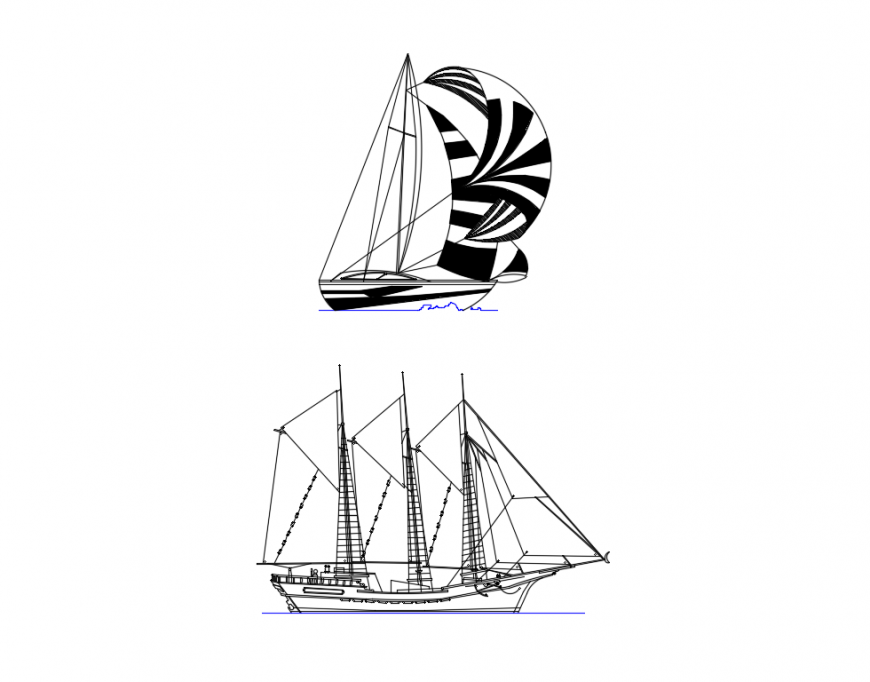 Ship with sail side view elevation cad block design dwg file