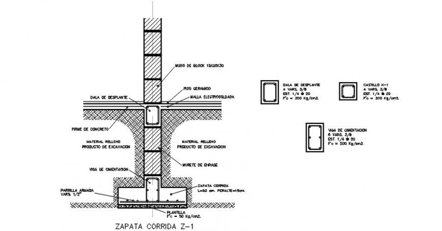 Shoe foundation footing and column construction details dwg file