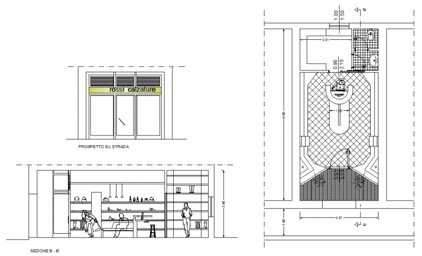 Shoe store plan, elevation and section autocad file