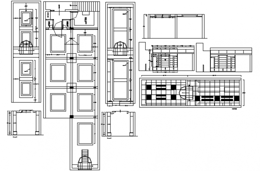 Shop elevation, section, plan and interior cad drawing details dwg file