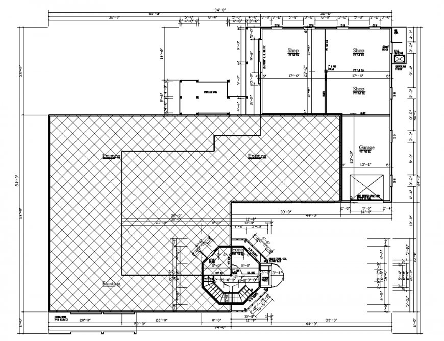 Shopping area plan with architectural detail dwg file