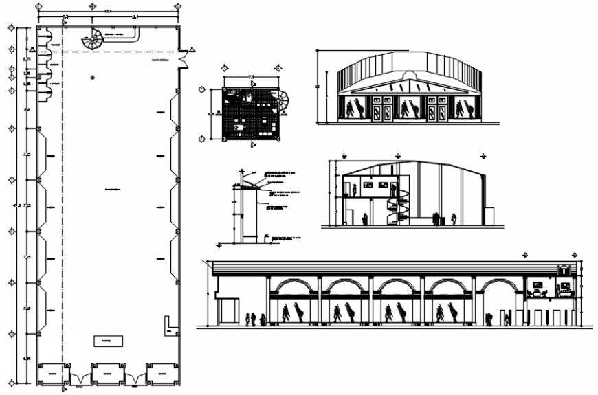 Shopping center all sided section and plan cad drawing details dwg file