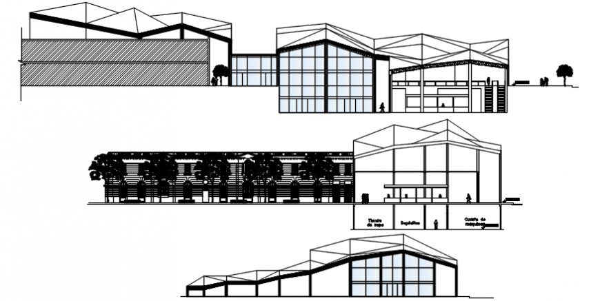 Shopping center and market elevation and section cad drawing details dwg file