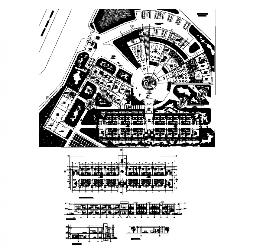 Shopping center building detail elevation and plan 2d view dwg file