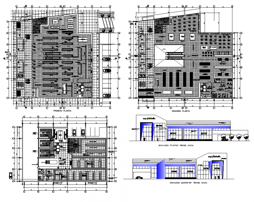 Shopping center building detail elevation and plan 2d view layout file