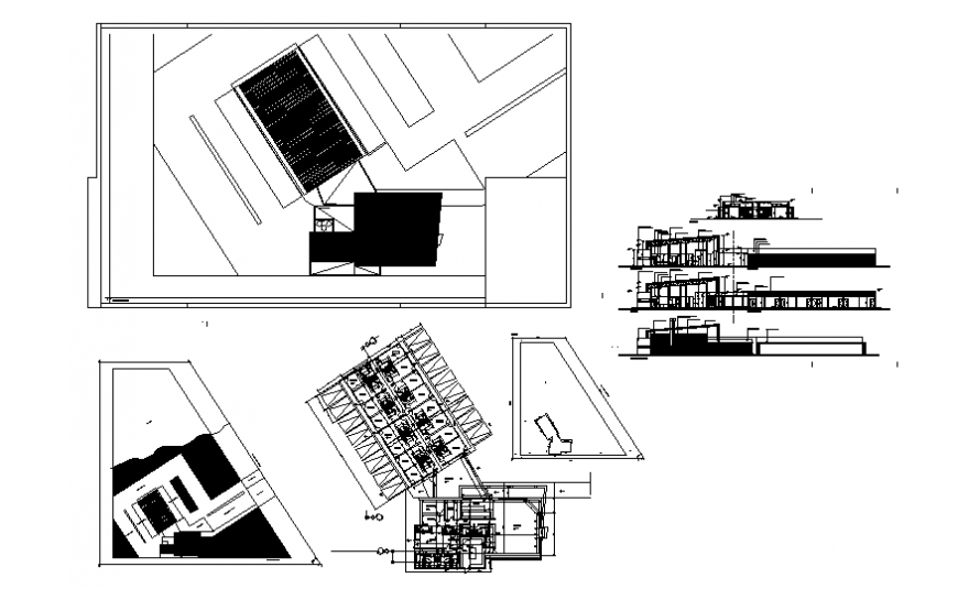Shopping center building elevation, section and plan details dwg file