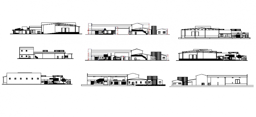 Shopping center building multi-level all sided elevation cad drawing details dwg file