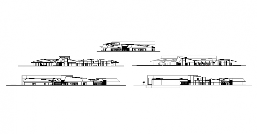 Shopping center building multi-level all sided elevation details dwg file