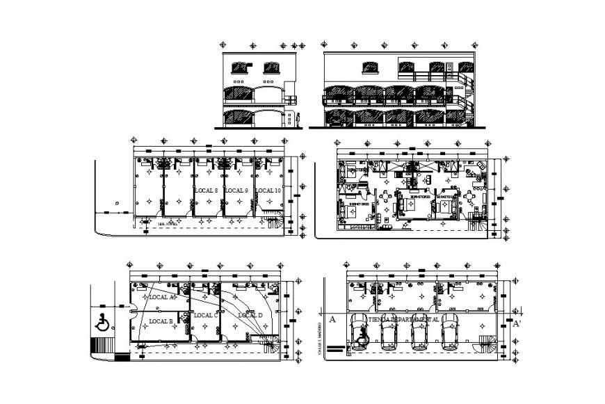Shopping center complex building elevation and floor plan cad drawing details dwg file