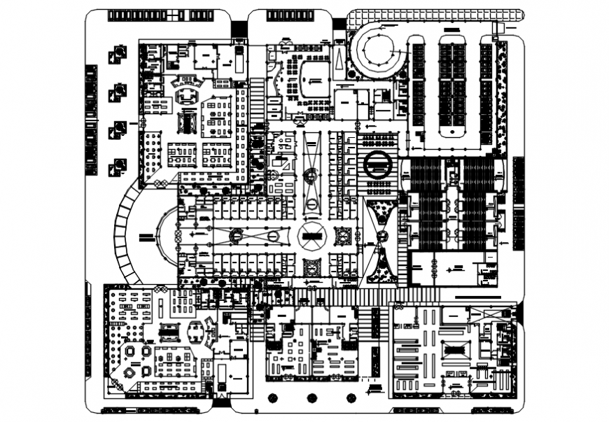 Shopping center distribution plan with furniture drawing details dwg file