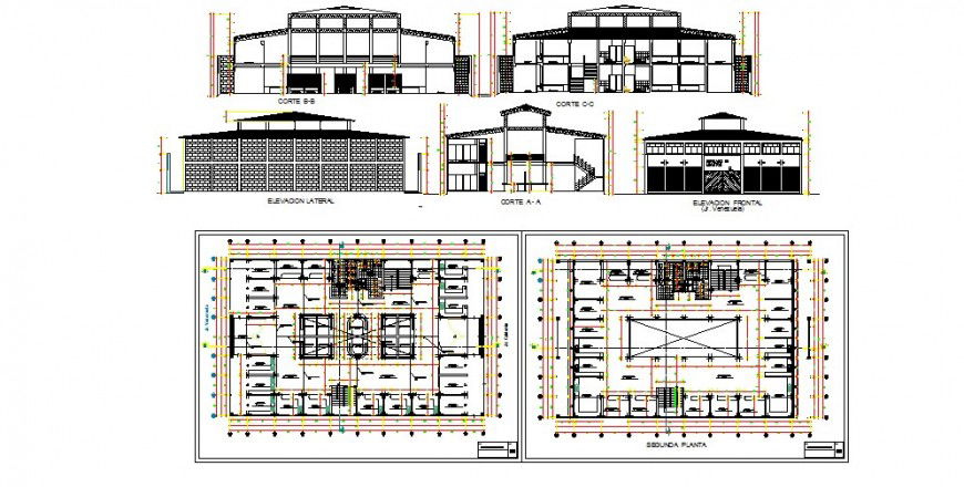 Shopping center elevation, section and two floor plan cad drawing details dwg file
