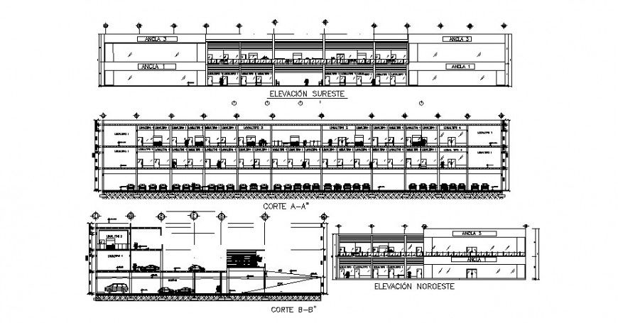 Shopping center elevation detail drawing in dwg AutoCAD file.