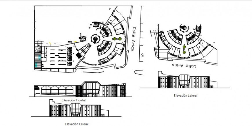 Shopping center front and lateral elevation and floor plan drawing details dwg file