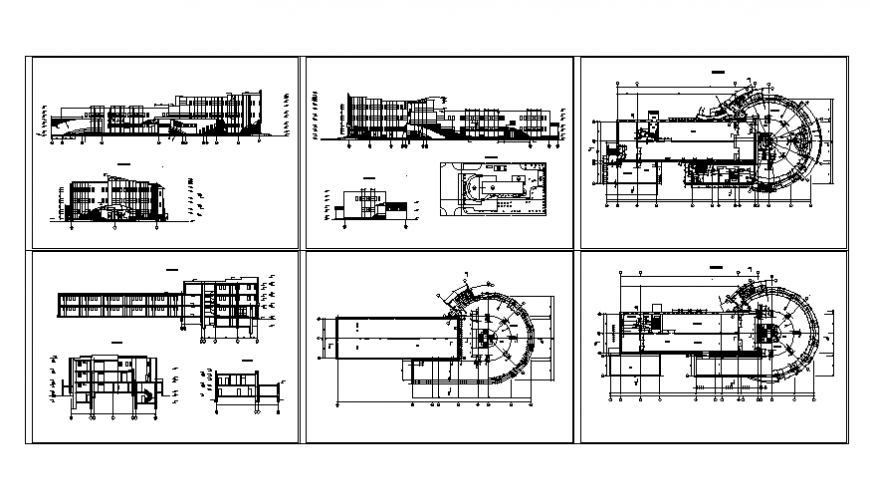 Shopping center mall all sided elevation, section and plan details dwg file