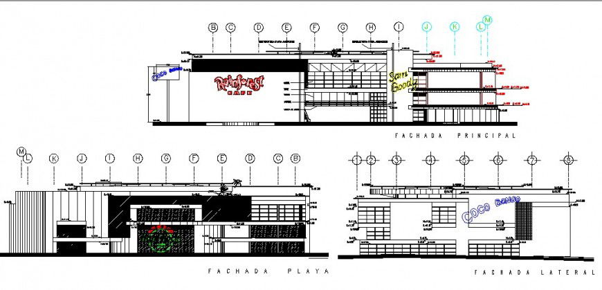 Shopping center multi-story building elevation and section cad drawing details dwg file