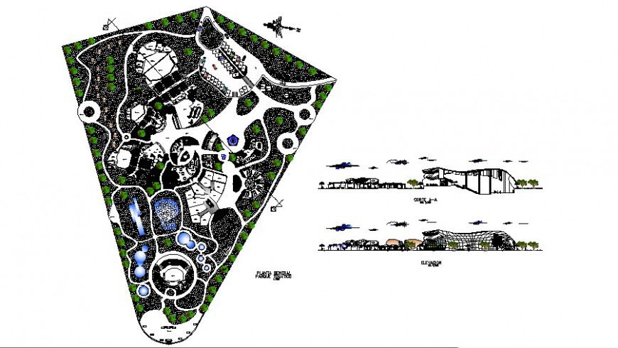 Shopping center with auditoriums library services autocad file