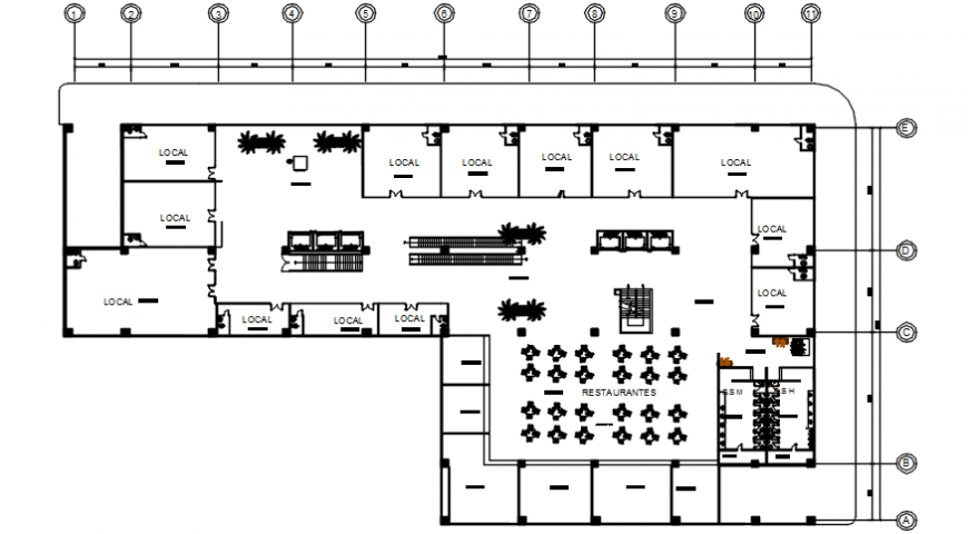 Shopping center with restaurant first floor plan cad drawing details dwg file