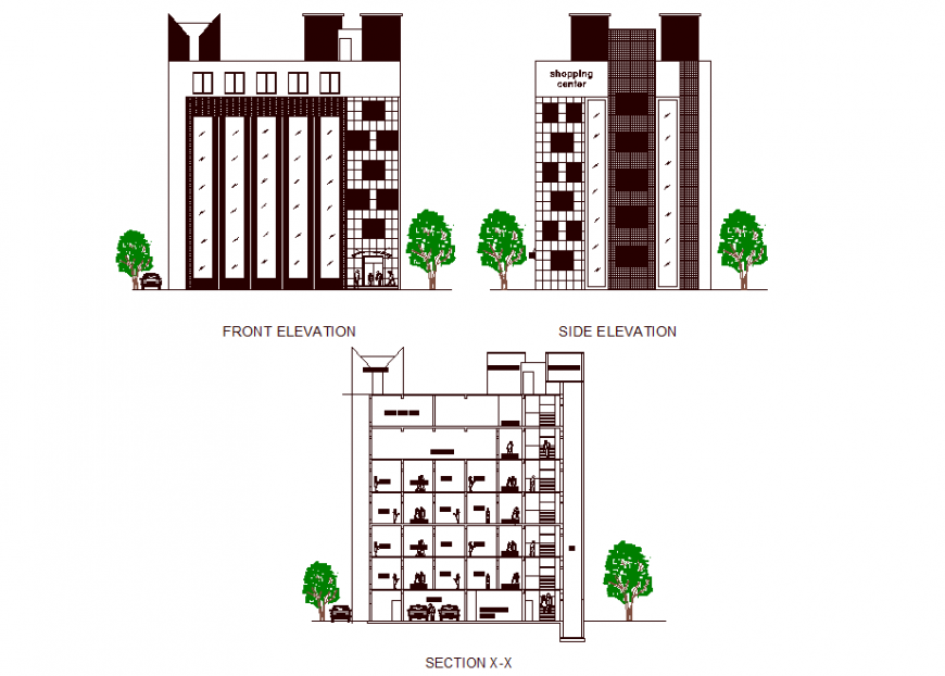 Shopping centre section and elevation details in dwg file.