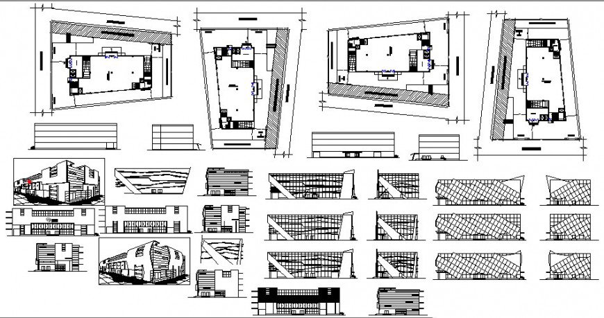 Shopping mall building all sided elevation, section and site plan cad ...