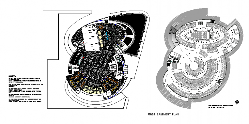 Shopping mall building basement and first floor layout plan details dwg file