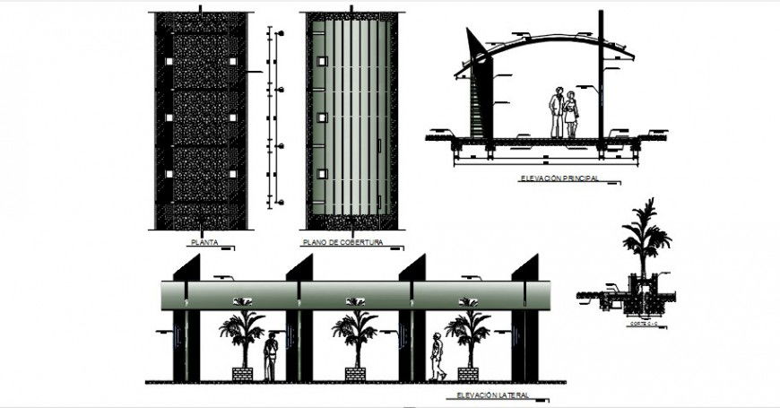 Shopping mall building elevation, section and structure details dwg file