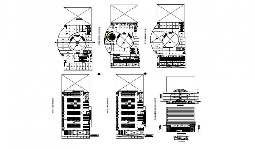 Shopping mall building elevation, section and floor plan layout details ...