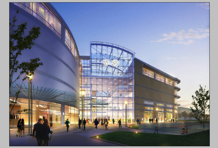 Shopping mall building evening view with outdoor location Photoshop file