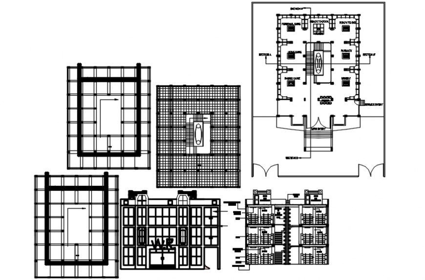 Shopping mall building main elevation, section, plan and structure details dwg file