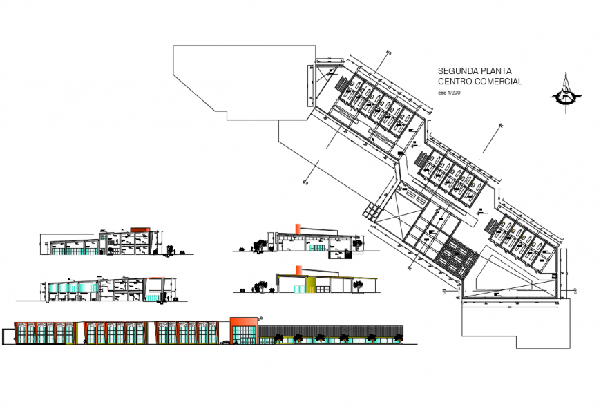 Shopping mall complex all sided elevation, section and plan cad drawing details dwg file