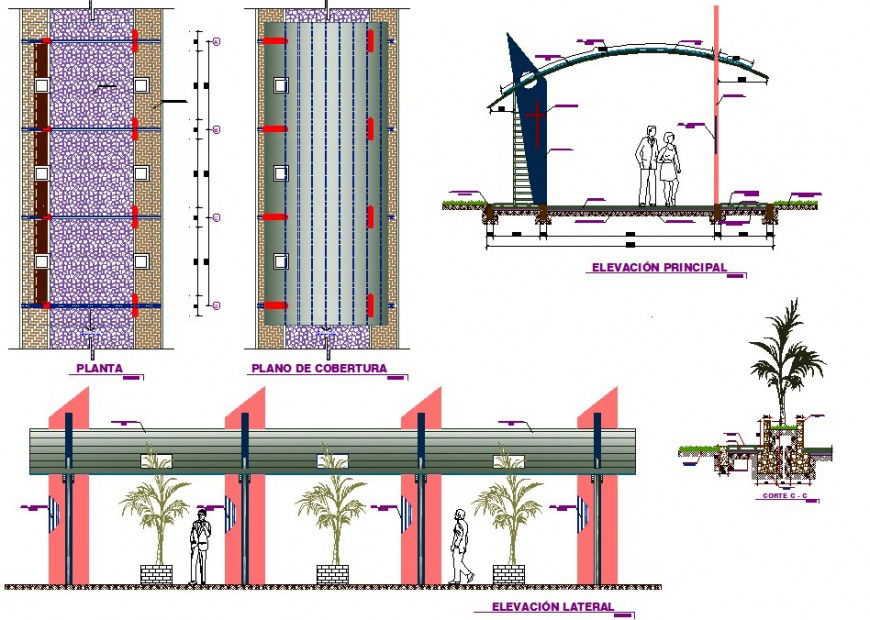 Shopping mall exterior sectional elevation