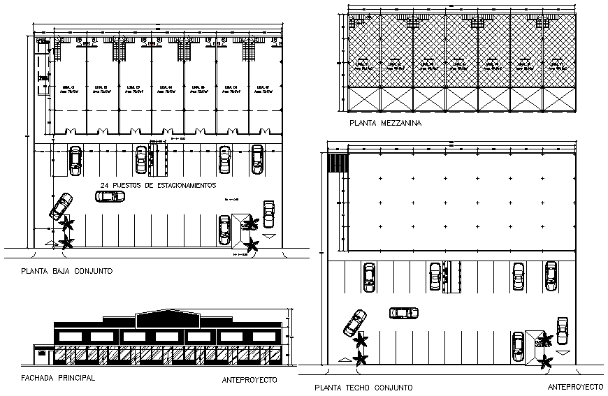 Shopping mall facade elevation, parking position, mezzanine and roof or floor ceiling details dwg file