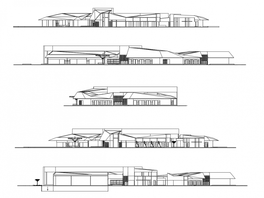 Shopping mall multi-level all sided elevation cad drawing details dwg file
