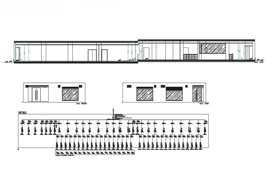 Shopping market facade and cut elevation details dwg file