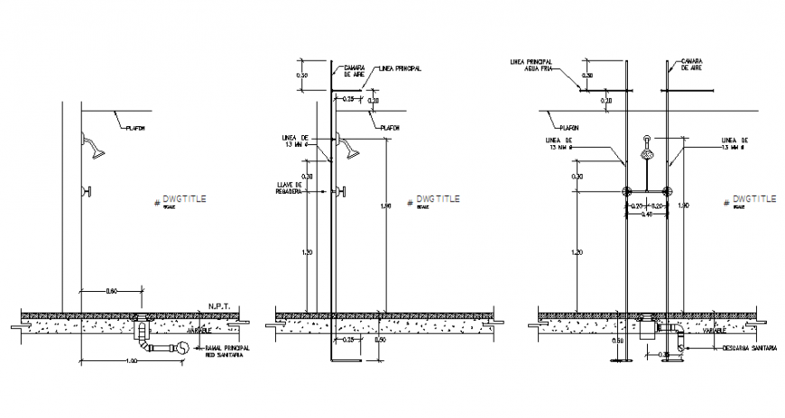 Shower installation and section and plumbing details dwg file