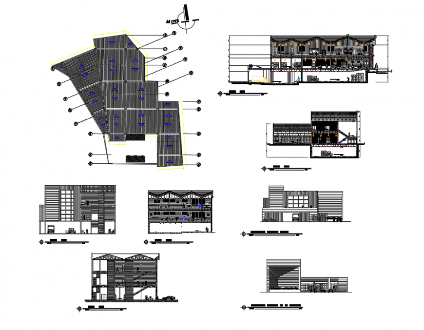 Showroom all sided elevation, section and auto-cad details dwg file