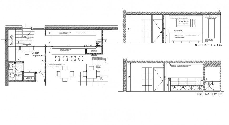 Showroom building detail plan and section 2d view autocad file