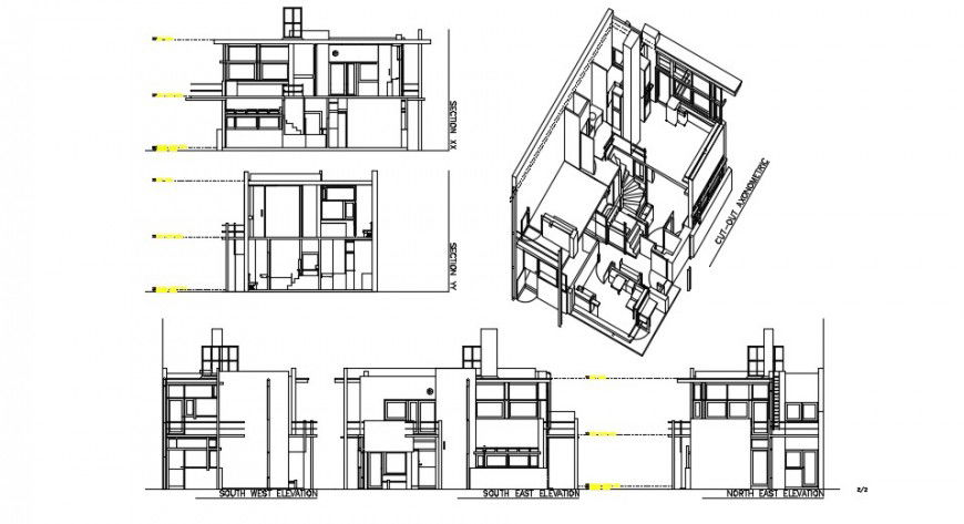 Shroder house cut out axonometric section and all sided elevation drawing details dwg file
