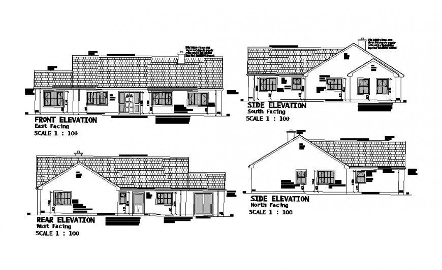 Side, rear and front elevation drawing details of one family house dwg file