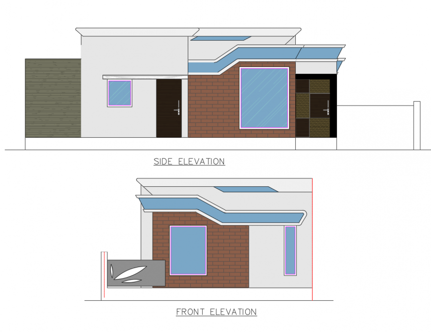Side and front elevation drawing details of one family house dwg file