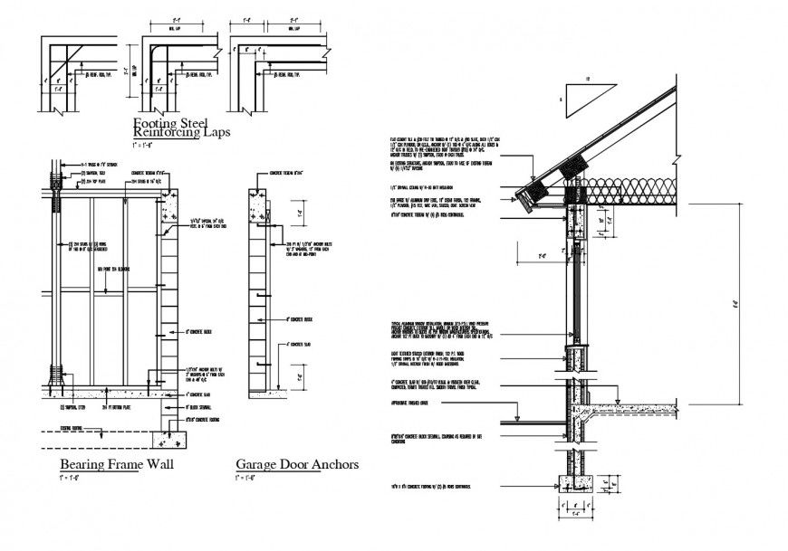 Side constructive section, bearing frame wall and footings cad structure details dwg file