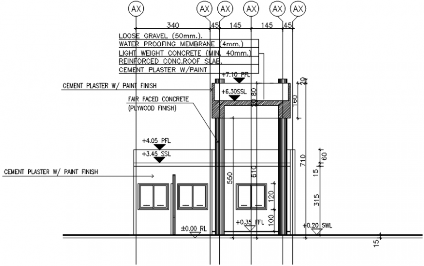 Side cut constructive section drawing details for guard house dwg file