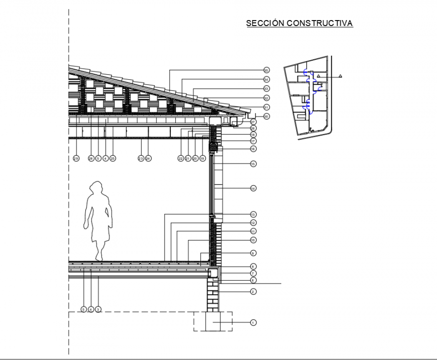 Side cut facade constructive-sectional details of family housing dwg file