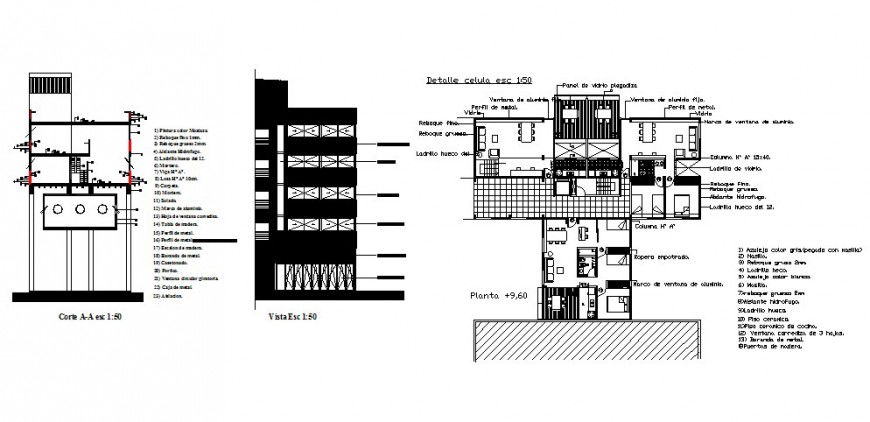 Side elevation, section and plan of apartment building dwg file